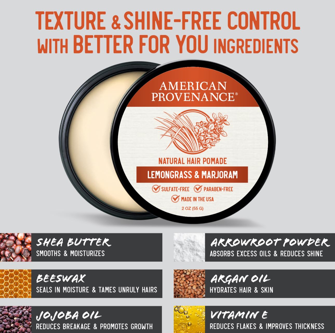 American Provenance Premium Natural Hair Pomade for Women and Men with Shea Butter, Jojoba Oil, Argan Oil - Grooming Balm that Conditions and Styles Hair | Lemongrass and Marjoram 2 oz (Pack of 1)