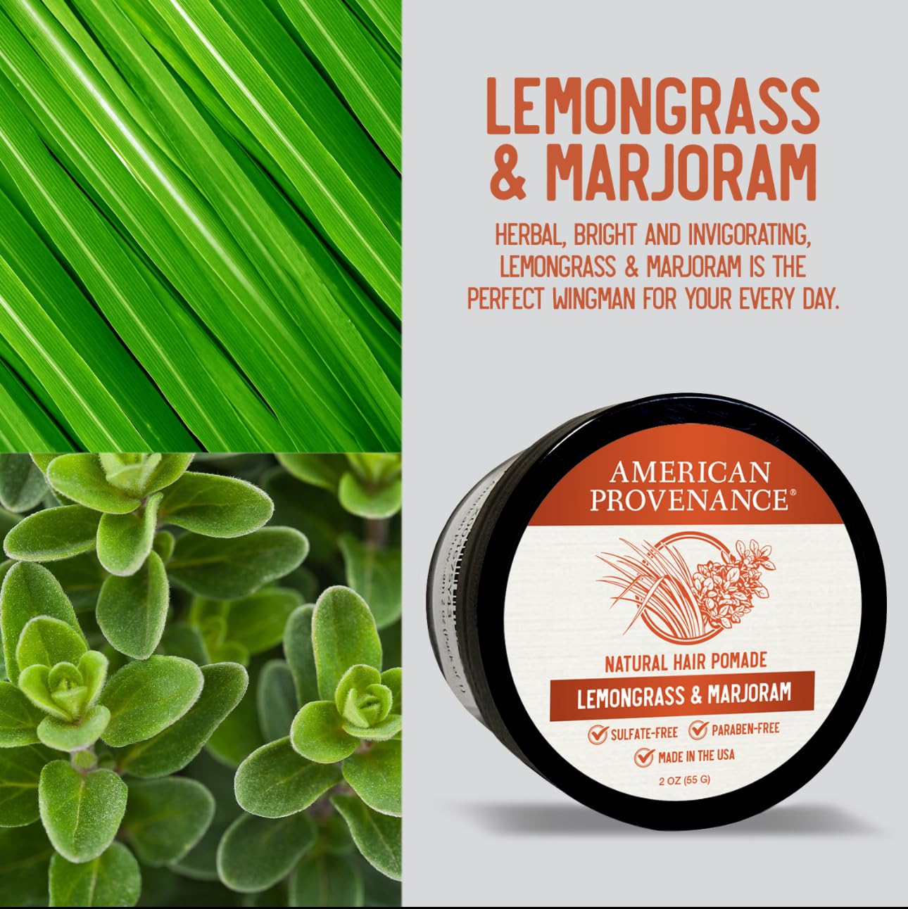American Provenance Premium Natural Hair Pomade for Women and Men with Shea Butter, Jojoba Oil, Argan Oil - Grooming Balm that Conditions and Styles Hair | Lemongrass and Marjoram 2 oz (Pack of 1)