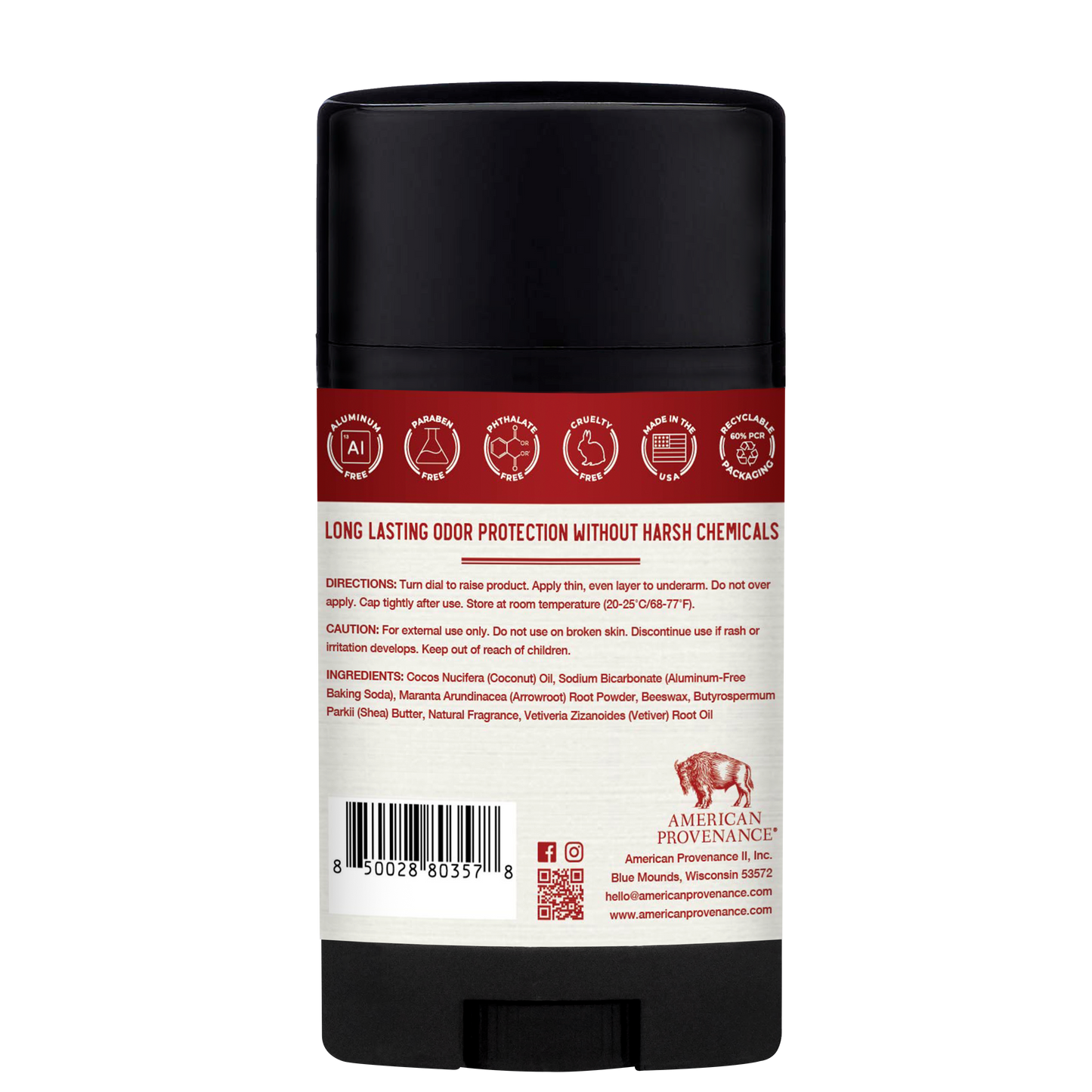 American Provenance Aluminum Free Natural Deodorant For Women and Men| Bourbon & Vetiver | 24 Hour Odor Protection Cruelty Free - Made in the USA (1 pack)