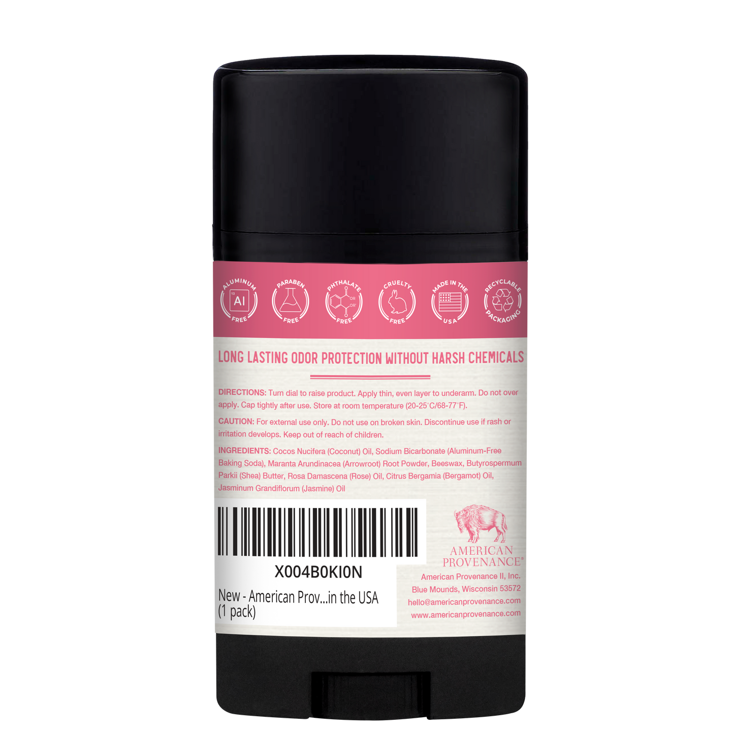 American Provenance Aluminum Free Natural Deodorant For Women and Men | Rose & Jasmine | 24 Hour Odor Protection Cruelty Free - Made in the USA (1 pack)