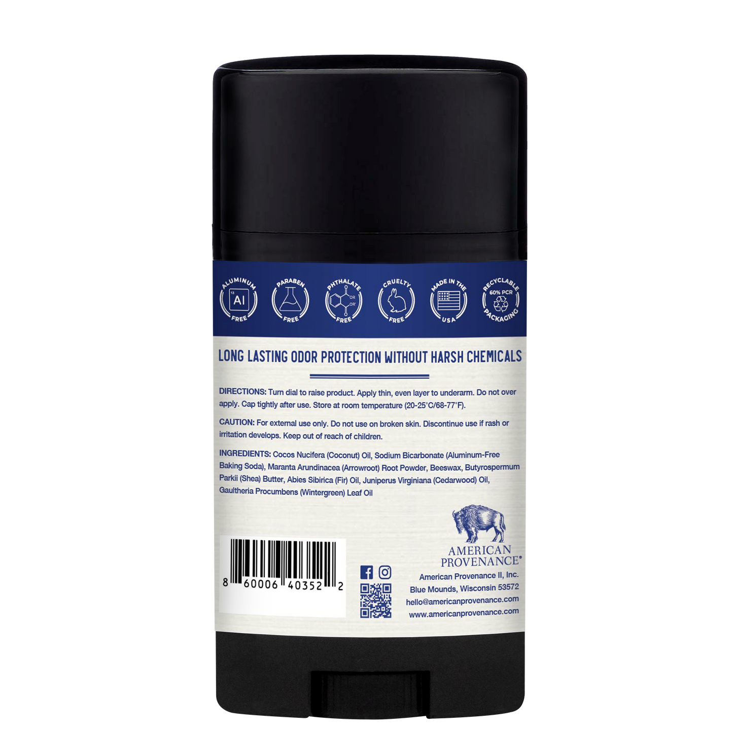American Provenance Aluminum Free Natural Deodorant For Women and Men | Wintergreen & Cedar | 24 Hour Odor Protection Cruelty Free - Made in the USA (1 pack)