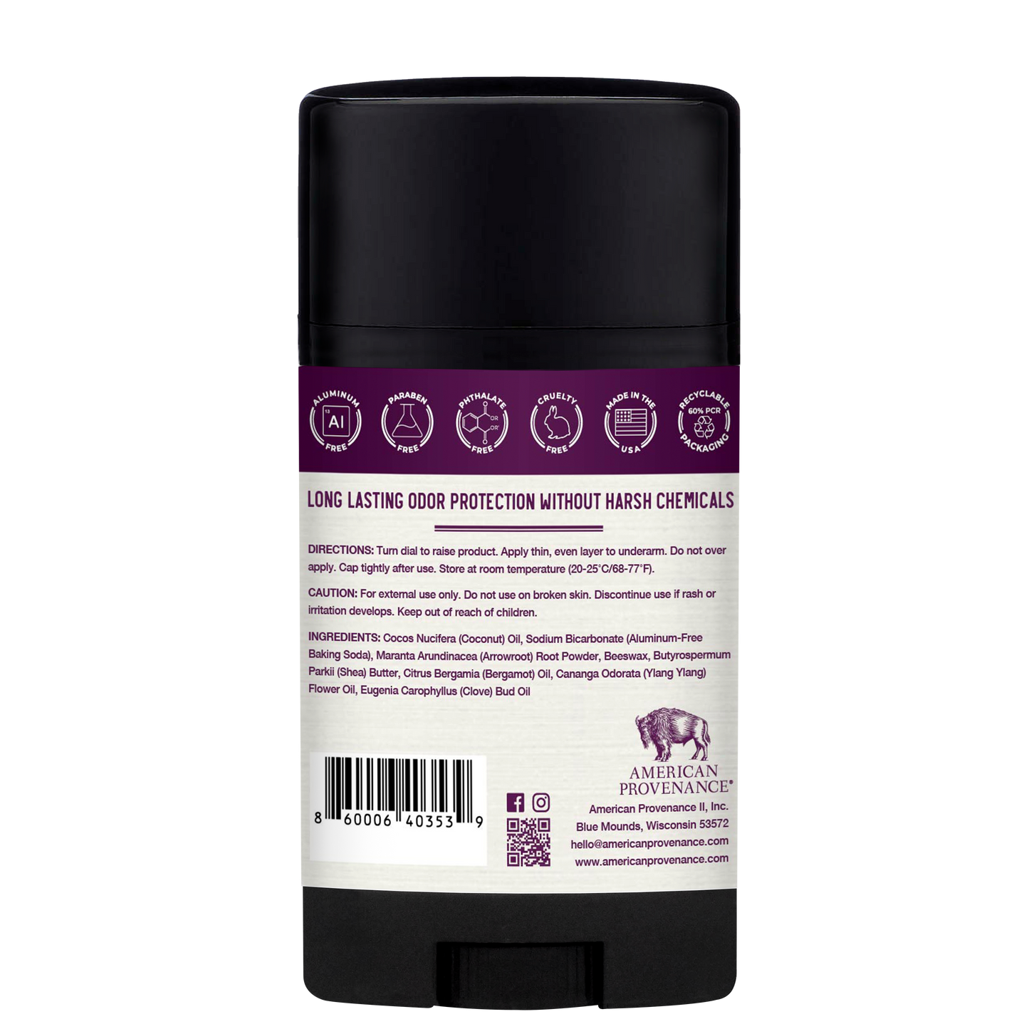 American Provenance Aluminum Free Natural Deodorant For Women and Men | Ylang Ylang & Clove | 24 Hour Odor Protection Cruelty Free - Made in the USA (1 pack)