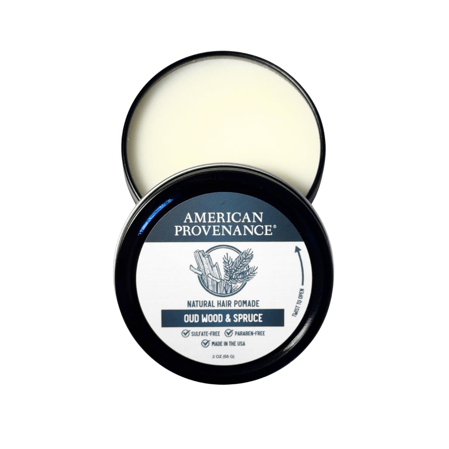 American Provenance Premium Natural Hair Pomade for Women and Men with Shea Butter, Jojoba Oil, Argan Oil - Grooming Balm that Conditions and Styles Hair | Oud Wood & Spruce | 2 oz (Pack of 1)