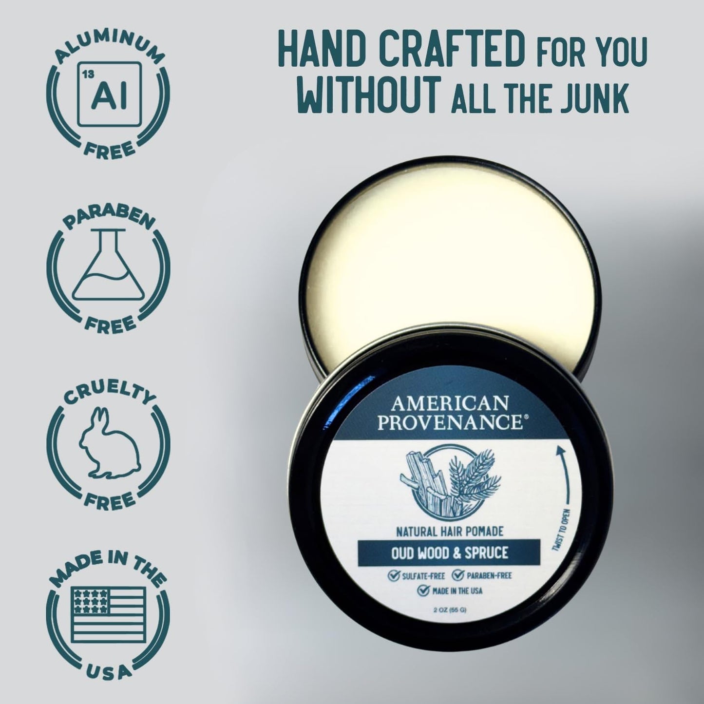 American Provenance Premium Natural Hair Pomade for Women and Men with Shea Butter, Jojoba Oil, Argan Oil - Grooming Balm that Conditions and Styles Hair | Oud Wood & Spruce | 2 oz (Pack of 1)