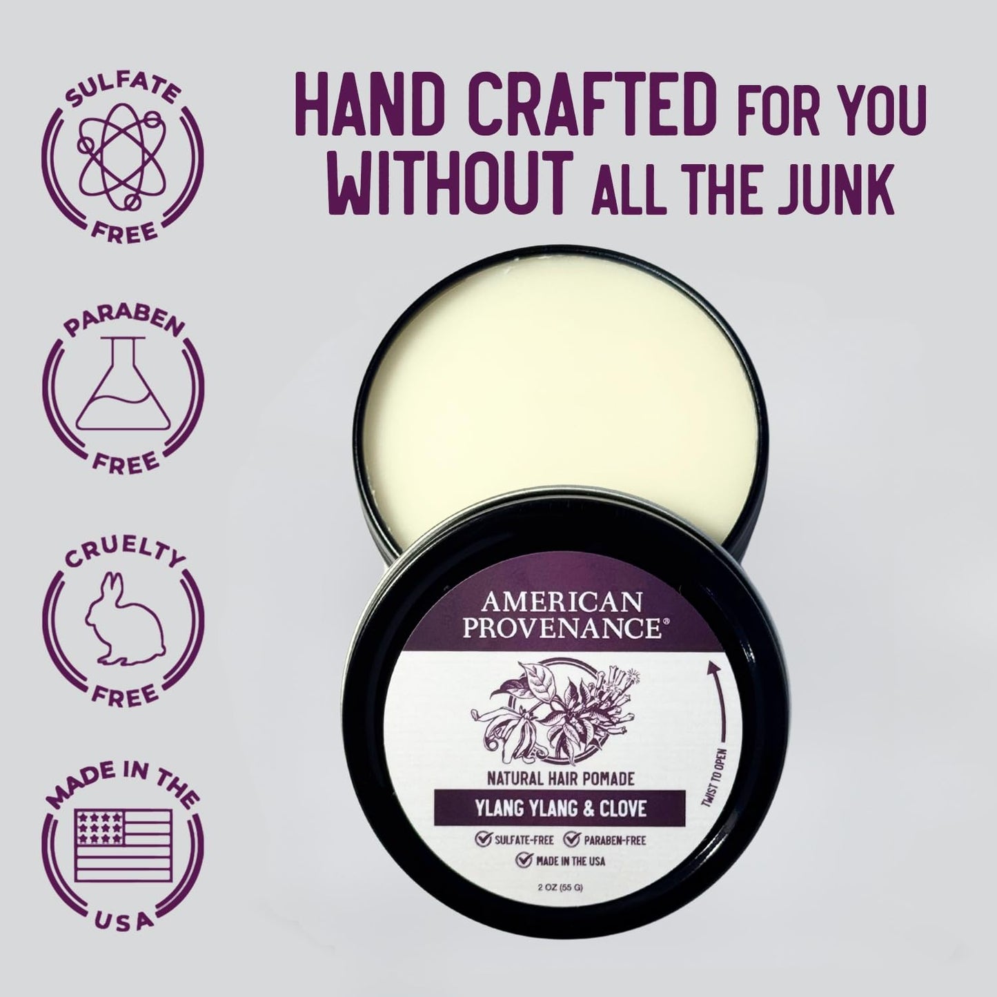 American Provenance Premium Natural Hair Pomade for Women and Men with Shea Butter, Jojoba Oil, Argan Oil - Grooming Balm that Conditions and Styles Hair | Ylang Ylang & Clove | 2 oz (Pack of 1)